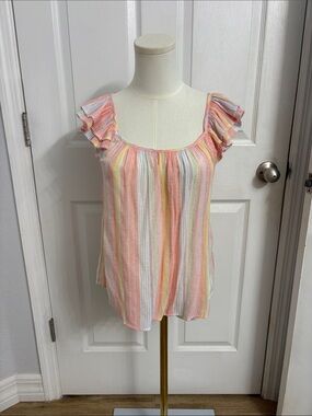 Striped Flutter Sleeve Women's Top in Pastel Pink